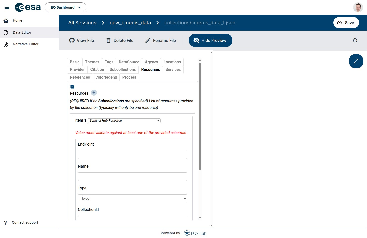 Data Editor schema validation for a new collection